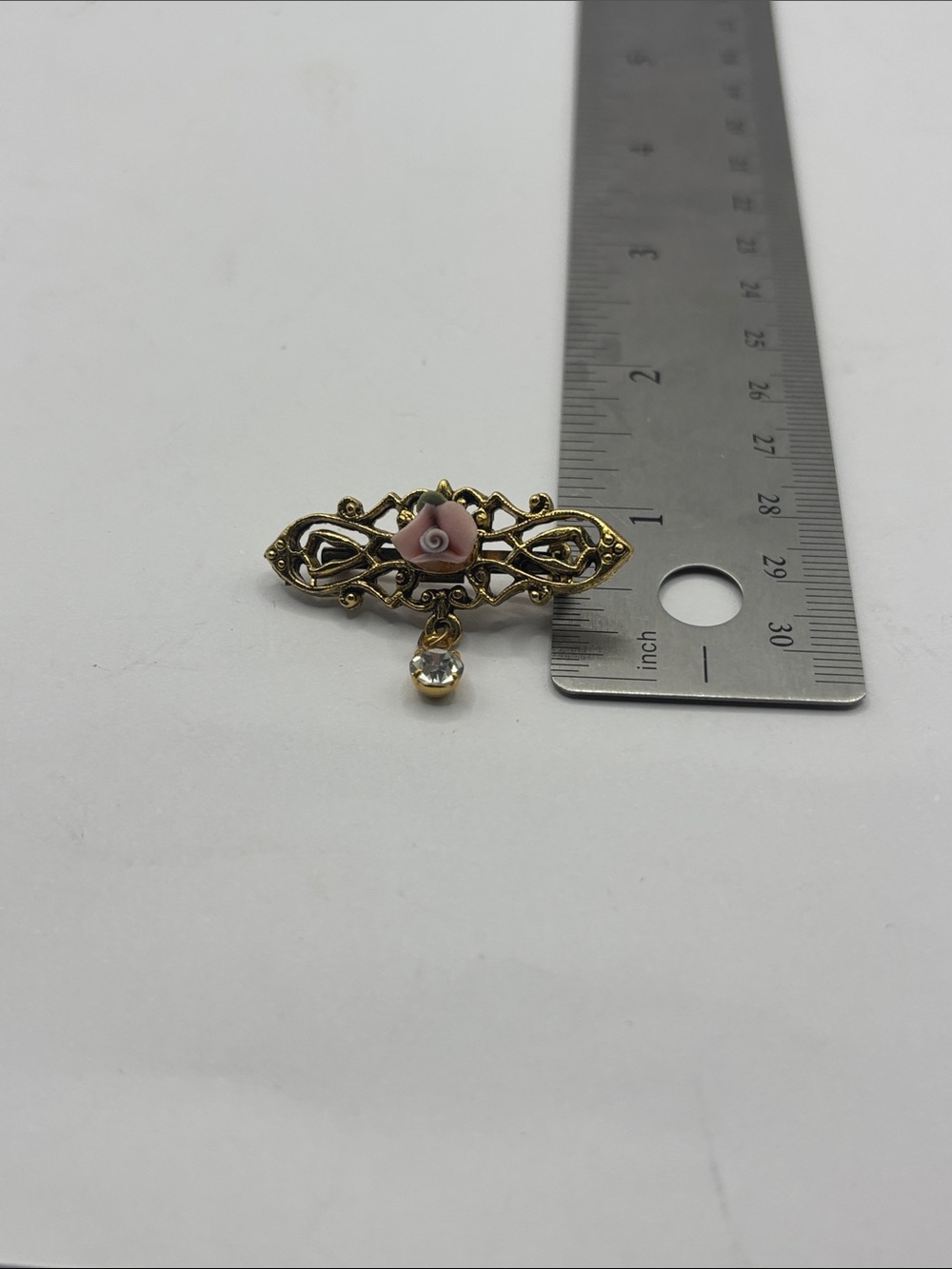 1928 Gold-Tone Filigree Brooch with Pink Rose and Clear Crystal Drop